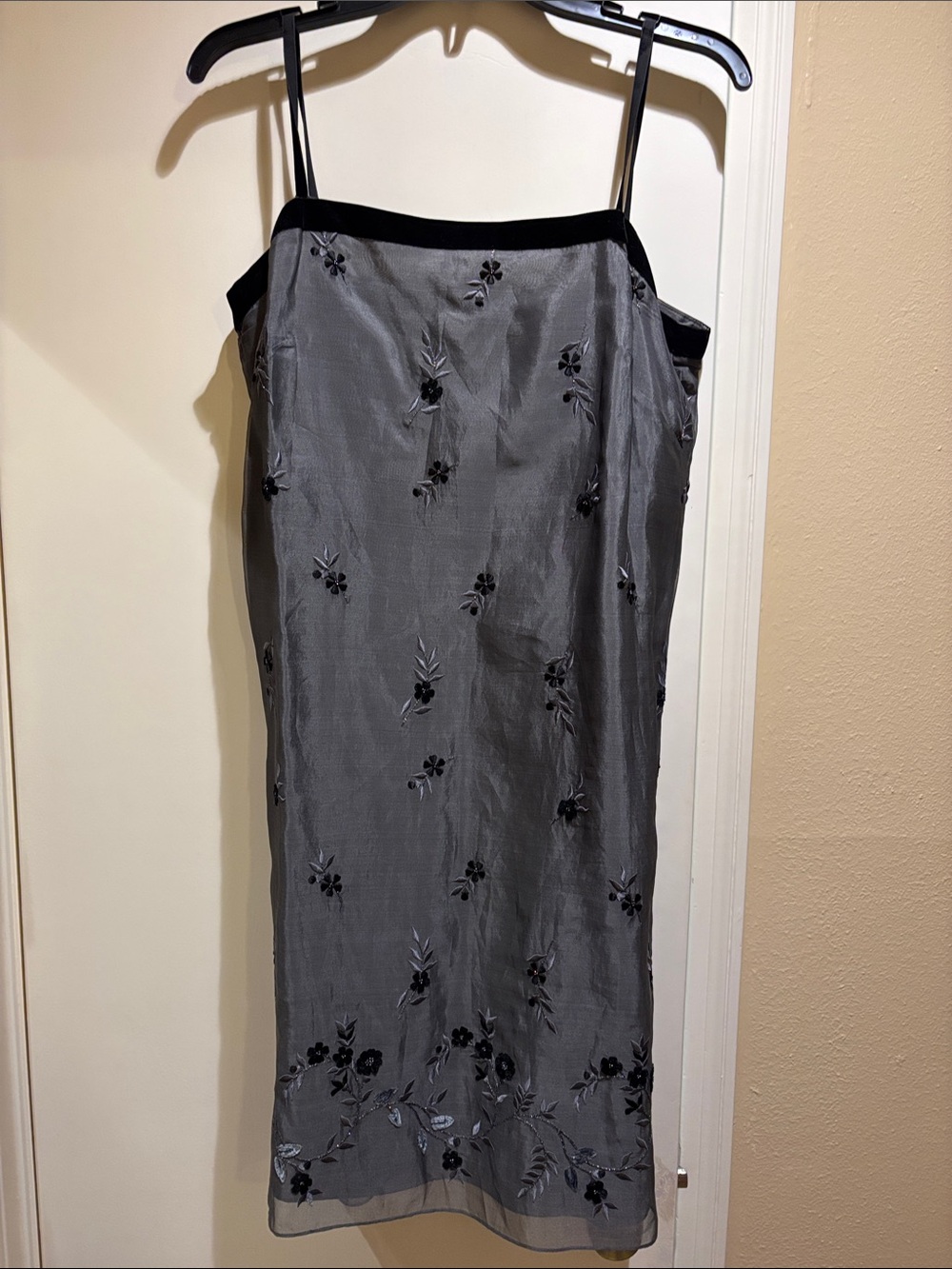 Ann Taylor Gray Midi Slip Dress with Black Floral Embroidery